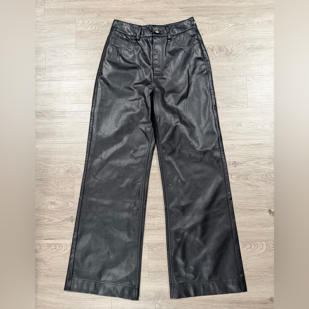 NEW FRNCH women's cherry wide leg leather pants in black‎